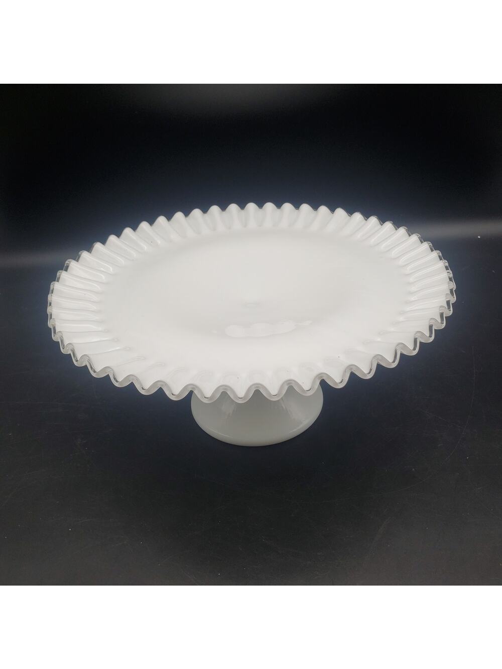 Vintage Fenton Silver Crest Milk Glass Pedestal Cake Stand 12.5" Ruffled Edge
